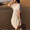 Summer Women Mini Party Short Sleeve White Lace Vintage Tunic Beach Dress 210415