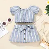 Sommer Kinder Sets Casual Kurzarm Blau Gestreiftes T-shirt Bogen Schärpen Einreiher Rock 2 stücke Mädchen Jungen Kleidung Set 210629