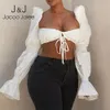 Jocoo Jolee Chemise Élégante Sexy Dos Nu Froncé Blanc Crop Tops Femmes Flare À Manches Longues Cravate Avant Blouse Femme Casual Blusas 210518