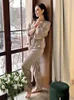 Women's Sleepwear Womens Robe Pajama Sets Long Sleeve Nightwear Peignoirs For Women Pijama Set Woman 2 Pieces Lace Up Bathrobes Nightgown