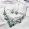 Dames gesneden bloem Tibetaanse zilveren turquoise oorbellen ketting set dmtqs012 mode cadeau nationale stijl vrouwen diy sieraden sets