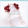 Bijoux de cheveux chinois classique mariée bijoux de mariage accessoires rouge Rose fleur gland épingles cristal mariée épingles à cheveux casque BH livraison directe 2