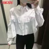 Women Retro White Ruffles Romantic Blouse Long Sleeve Chic Female Shirt Tops 3H187 210416