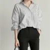S-XL 플러스 사이즈 스트라이프 여성 셔츠 긴 소매 턴 다운 칼라 캐주얼 탑 여름 OL 사무용 블라우스 210423
