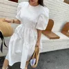 Moda Mulheres Jacquard Sólida Vestido de Verão Senhoras Estilo Coreano Slow Slow Sleeve Vestidos Vestidos 210520