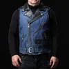 Men's Vests Mens Genuine Leather Denim Patchwork Motorcycle Biker Style Waistcoat/Vest Strong Breathable
