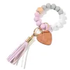 Colors Valentines 14 Dag Love Wood Chip Silicone Bead Bracelet Keychain Party Favor Polslet Key Chain Tassels Handchain -toetsen Ring FY3524 SS1207 S