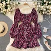 Wiosna Jesień Kobiety V-Neck Lampion Rękaw Mini Dress Vintage Draped Potrackowane Damskie Ladies Floral Print 210423