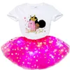 2021 Girls DrSets Party Casual DrBlack African Curly Hair Baby Girls Short Sleeve Printed T-shirt+Luminous DrSuits X0803