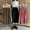 Vrouwen effen kleur lange elastische hoge taille geplooide rok Koreaanse stijl herfst mode harajuku winter kantoor dame zwart roze 210421