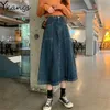 Vintage Denim Skirt Women Plus Size 5XL Korean Long Jeans Skirt Button Pocket Big Hem Casual Loose High Waist A-Line Skirts 210619