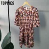 fashion bloosm printing mini dress back zipper summer dresses womens short sleeve elastic waist vestidos 210421