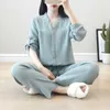 Cotton Crepe V-neck Pajamas Suit Women Autumn Thin Gauze Small Stand Collar Long-sleeved Trousers Korean Leisure Home Service 210830