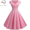 Vestido de verão rosa mulheres v pescoço grande balanço vintage robe femme elegante retro pin up festa escritório midi vestidos plus size 210409