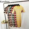 Korobov automne à manches courtes col rond robe en tricot Style Preppy Slim robes à rayures coréen Vintage Midi Vestidos Femme 210430