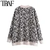 TRAF Women Fashion Jacquard Oversized Gebreide Cardigan Trui Vintage Lange Mouw Zakken Vrouwelijke Bovenkleding Chic Tops 210415