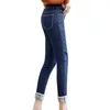 Mulheres Jeans Skinny Slim Fit Calças De Lápis Botão Up Bolso Zipper Fly High Cintura De Moda Venda Senhoras Clubwear 210522