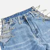 Side Hollow Out Chain Retalhos Mulheres Jeans Reta Cintura Cintura Zíper Bolso Feminino Pant Streetwear Sorrido Casual Sorrido Bottom 210708