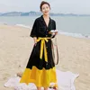 W zomer mode elegante vintage temperament retro contrast kleur stiksels ruches riem jurk vrouwen 16F1278 210510