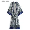 Boho Blue Floral Print Long Kimono рубашка хиппи женщины шнуровка галстука лук пояс длинные кардиган свободно блузка топы праздник 210401