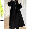 女性の黒いウールのコートエレガントなカシミヤオーバーコートウールヨーロッパの滑走路ファッションメタルバックルjakcet femme outwear mujerハイバー210608