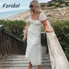 Abito a pois rosa vintage con spacco maniche a sbuffo con lacci lungo da spiaggia estivo elegante vestito estivo da donna 210427