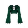 Ladies Green 2 Two-Piece Fashion Long-Sleeved Short Top And Pleated Skirt Sexy Tight Celebrity Party Suit 210525