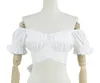 Off Shoulder Crop Top Kvinnor Sommar Ruffle Blus Puff Sleeve Solid Färg Sexig V-Neck Bowknot Bandage Lace Up Sweet Short T-shirt