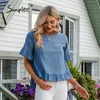 Blue hollow spring summer t-shirts women Cotton linen solid casual loose ruffled shirt tops Buttons back short top 210414