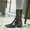 SOPHITINA Fahion Ankle Boots Sexy Golden Pointed Toe Square Chunky High Heel Zip Autumn Manmade Quality Work Booties PO723 210513