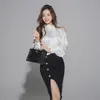 strapless silk 2 piece Suit Korea fashion ladies white irregular tops And Black Midi Bodycon Skirt for women Sexy Office Set 210602