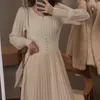 Damska sukienka z długim rękawem Vintage eleganckie kobiety sweter Sukienki plisowane V-Neck Solidnej tuniki Wiosna Koreański Znosić Sweet 210518