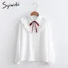 新しいフリルの女性のシャツの縞模様の白いブラウス弓フレア長袖シャツの女性秋のシフォンシャツブラウストップメス210417