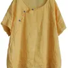 Camiseta holgada de manga corta con cuello redondo para mujer, estilo artístico de verano, camisetas de lino y algodón para mujer, camiseta bordada Vintage de talla grande S959 210512