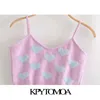KPYTOMOA Women Fashion Heart Pattern Cropped Knitted Tank Tops Vintage Backless Thin Straps Female Camis Chic Tops 210401