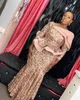 Rose Gold Aso Ebi Mermaid Mother of The Bride Dresses 2022 Sparkly Sequins Applique Long Sleeve African Mother Formal Occasion Gown