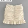 Chu Sau Beauty Summer Women Diamond Button Decoration Pleated Slim Skirt Ladies Back Zipper Vestido Chic Hem Ruffle Skirts 210508