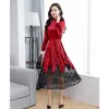 Robe d'hiver femmes vin rouge dentelle couture à manches longues col roulé es automne coréen bureau élégant Maxi LR227 210531