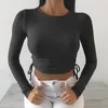 Sexy O-cuello de manga larga bodycon recortada tops otoño mujeres irregular cordón vendaje tejido sólido camiseta 210426