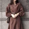 ファッションスリムウエスト格子縞のシャツのドレス女性シックなランタンスリーブデザイン長袖ローブフェムメヴェスティドフェミニーノ210514