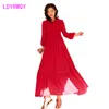 LDYRWQY spring and summer art retro red chiffon dress desert vacation swing Zipper Office Lady 210416