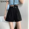 Oregelbunden hög midja bredbenskvinnor Shorts Casual Formal Pass Office Ladies Plus Storlek Vit Svart A-Line 210601