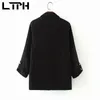 England Style None buckle cardigan women blazer temperament black jacket Rollable sleeves Casual Suit Coat Spring 210427