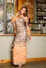 Fashion Summer Ladies Golden Black Backless Sequined Feather Sexy Sleeves Celebrity Club Party Dress 210525