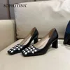 SOPHITINA escarpins femme cuir véritable bout carré peu profond Plaid excellente forme haut talon carré bureau dame chaussures FO06 210513