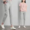 Zomer broek katoen linnen enkel lengte broek vrouwen casual broek potlood casual broek gestreepte groene roze vrouwen broek Q0801