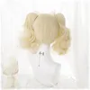 Kawaii Prinzessin Lolita Mädchen blonde hellgoldene synthetische Perücke Frau lockiges Haar Cospaly Kostüm Perücken mit Chip-Pferdeschwänzen + Kappe