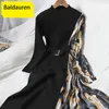 Casual Dresses Baldauren Sexy High Waist Knitted Women Sashes Contrase Color Spliced Long Sleeve Half Collar A-line 2021 Winter