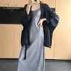 Été Femmes Long Slip Spaghetti Strap Noir Gris Vintage Sexy Satin Maxi Dress 210415