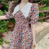 Ezgaga vestido elegante mulheres estilo francês peter pan colar floral impresso manga curta moda cintura alta vestidos coreanos vestidos 210430